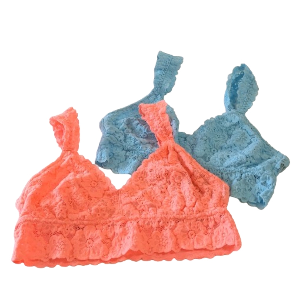Braletts Set Of 2 Neon Orange & Light Blue Lace Lightly Lined Adjustable…